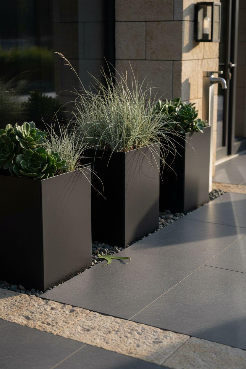Bloxburg laundry room with geometric Scandinavian landscaping elements and black metal planters
