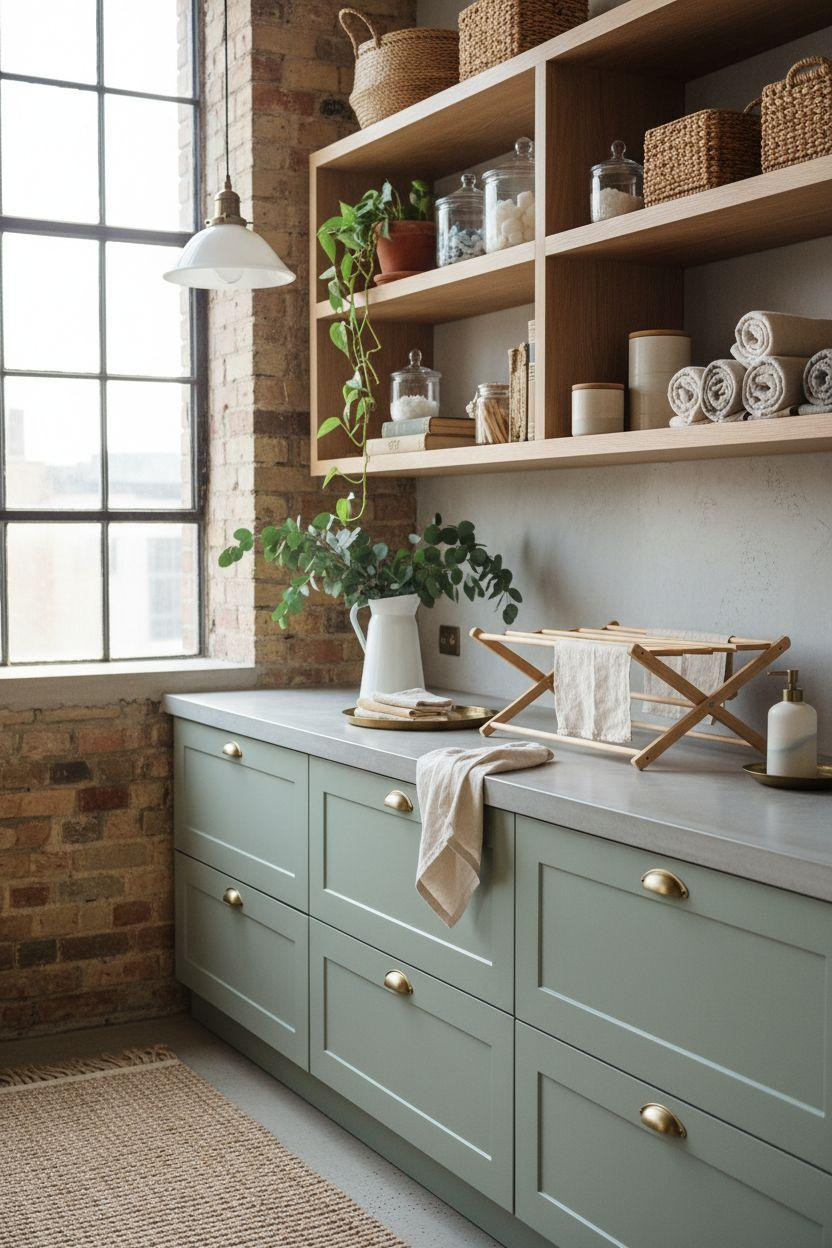 Bloxburg laundry room with Copenhagen industrial loft style and eclectic shelving