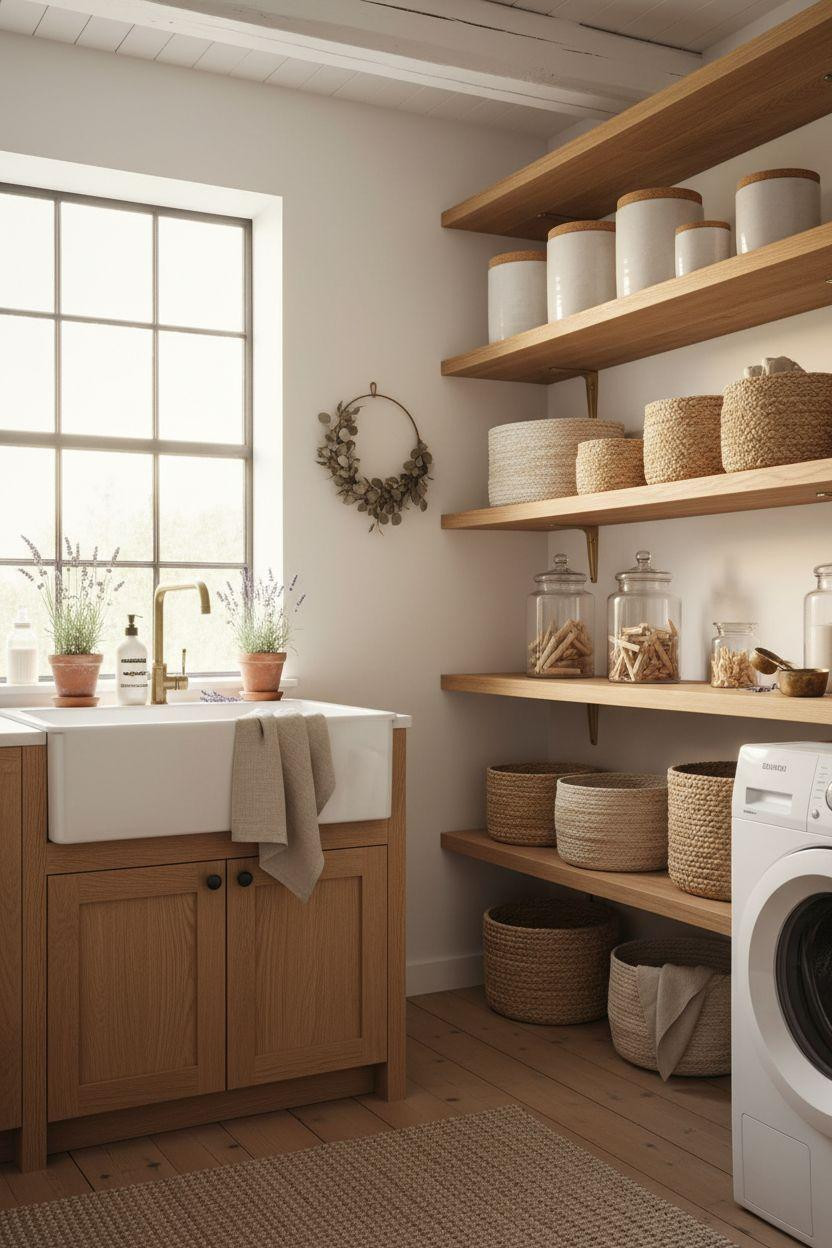Bloxburg laundry room with Swedish farmhouse style and natural oak open shelving