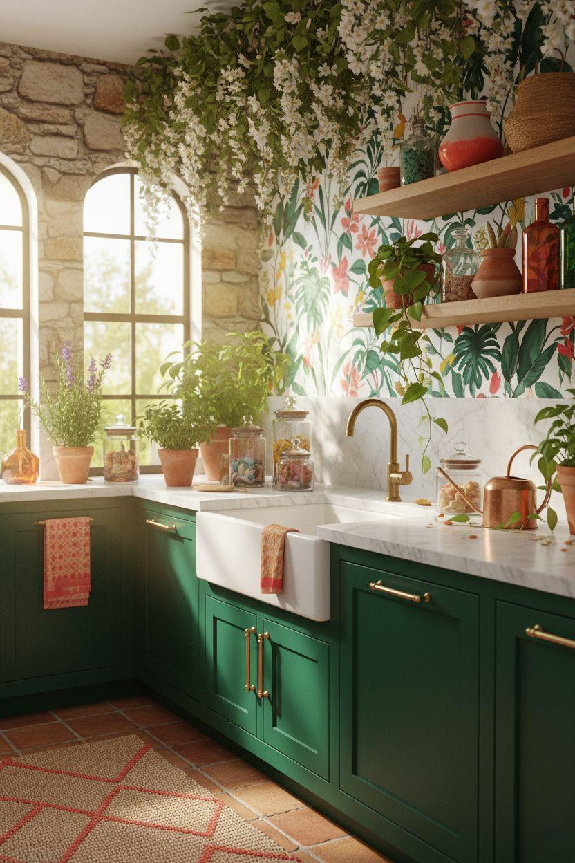 Bloxburg laundry room with vibrant Provencal garden sanctuary and botanical wallpaper