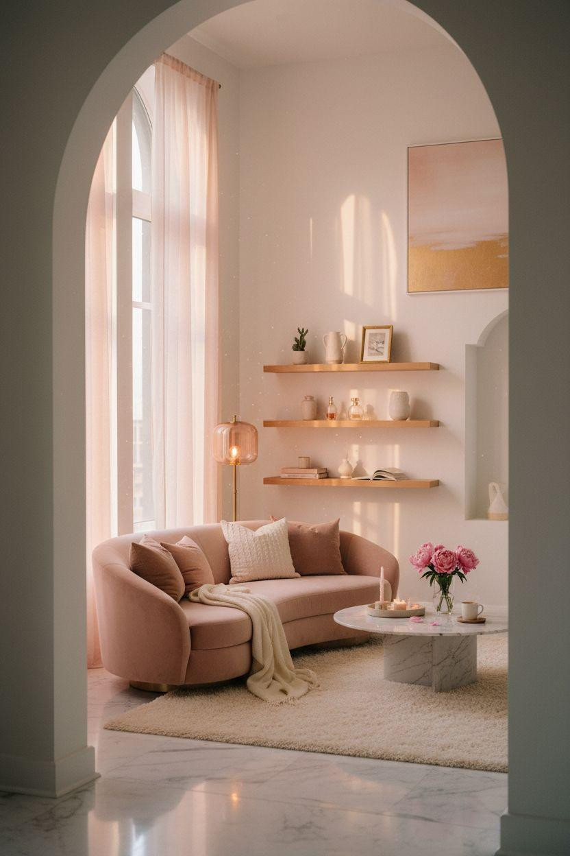 Living Room Bloxburg - curved bouclé sofa through white archway