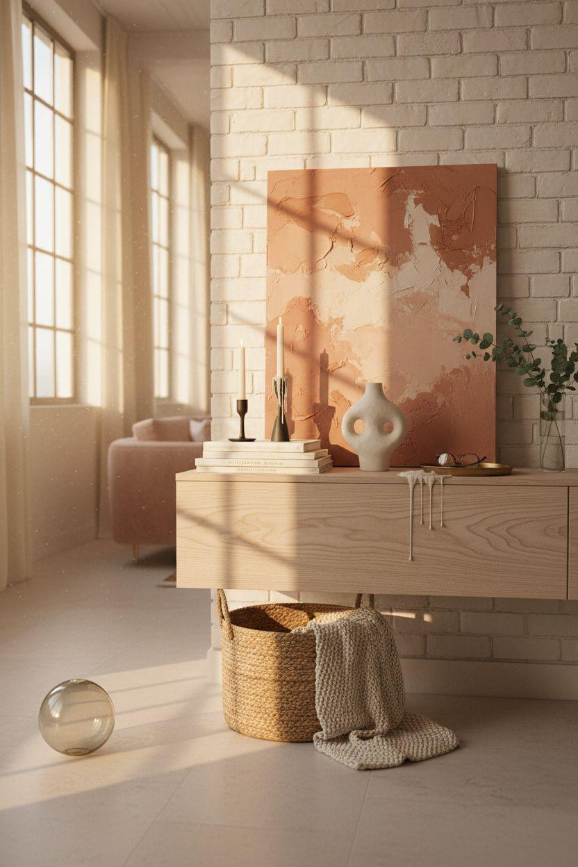 Living Room Bloxburg - floating console with ceramic vessel and art books