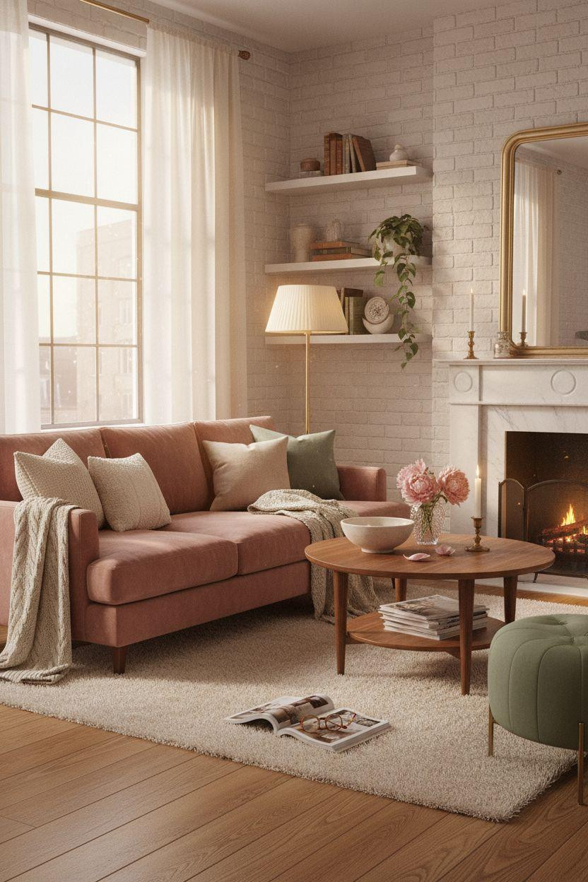 Living Room Bloxburg - tufted blush sofa with marble fireplace and brass candlesticks