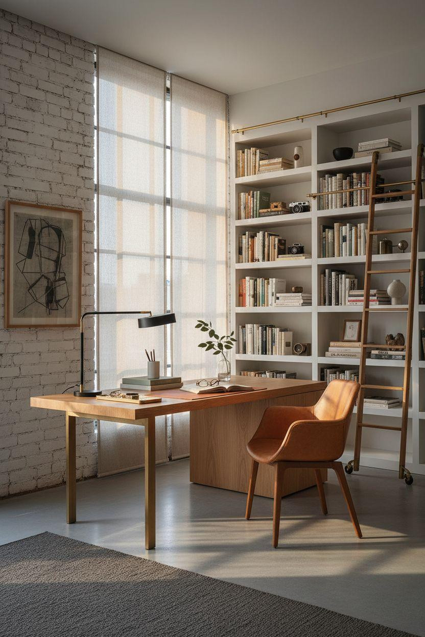 Bloxburg Office study with white oak floating desk and built-in library wall