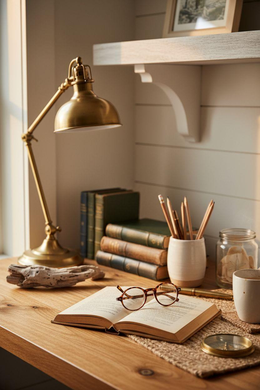 Bloxburg Office coastal desk vignette with maritime compass and driftwood