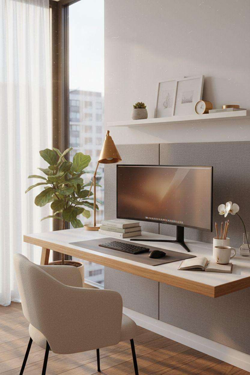 Bloxburg Office featuring sleek modern desk with curved ultra-wide monitor