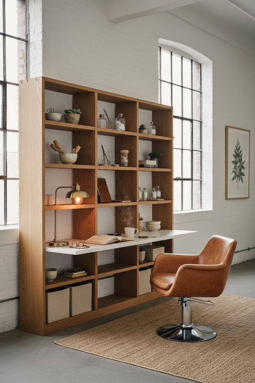 Bloxburg Office salon workspace with honey oak open shelving and vintage brass scissors