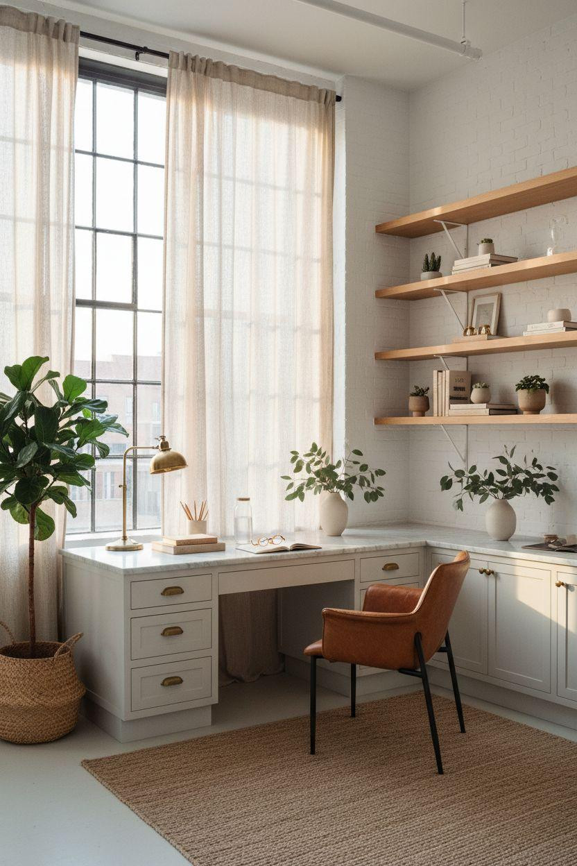 Bloxburg Office L-shaped desk with Carrara marble and white oak shelving