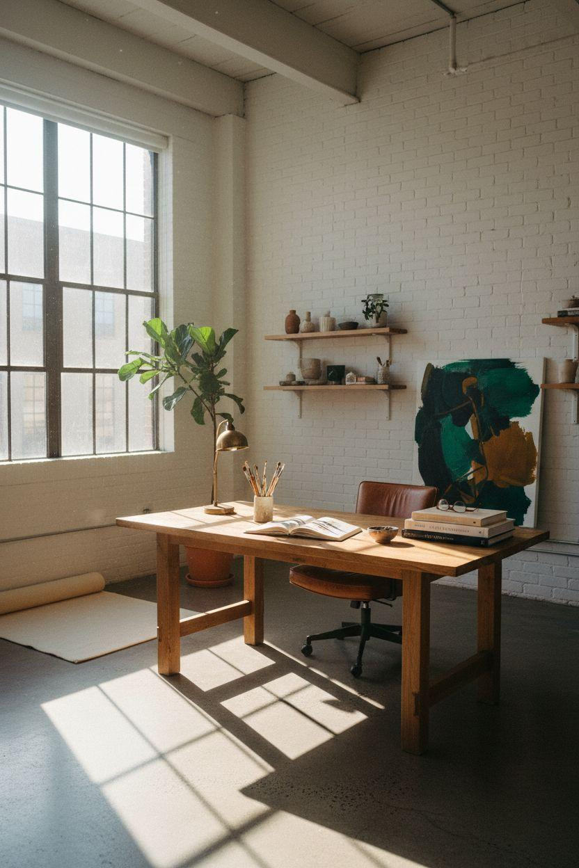 Bloxburg Office bright art studio with white oak desk and visible paint splatters