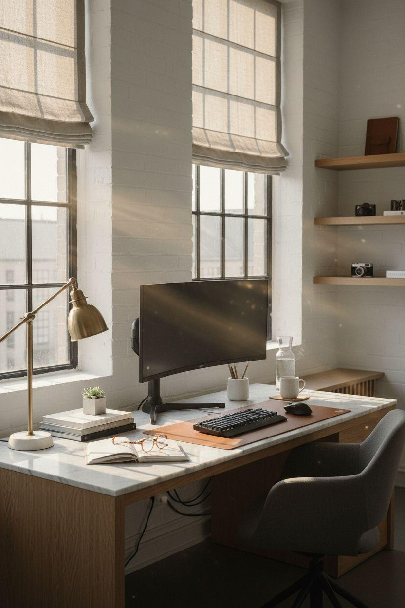 Bloxburg Office modern gaming desk with ultrawide monitor and marble surface