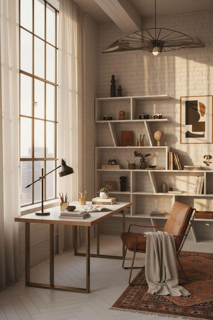 Bloxburg Office featuring angular black pendant light creating geometric shadows