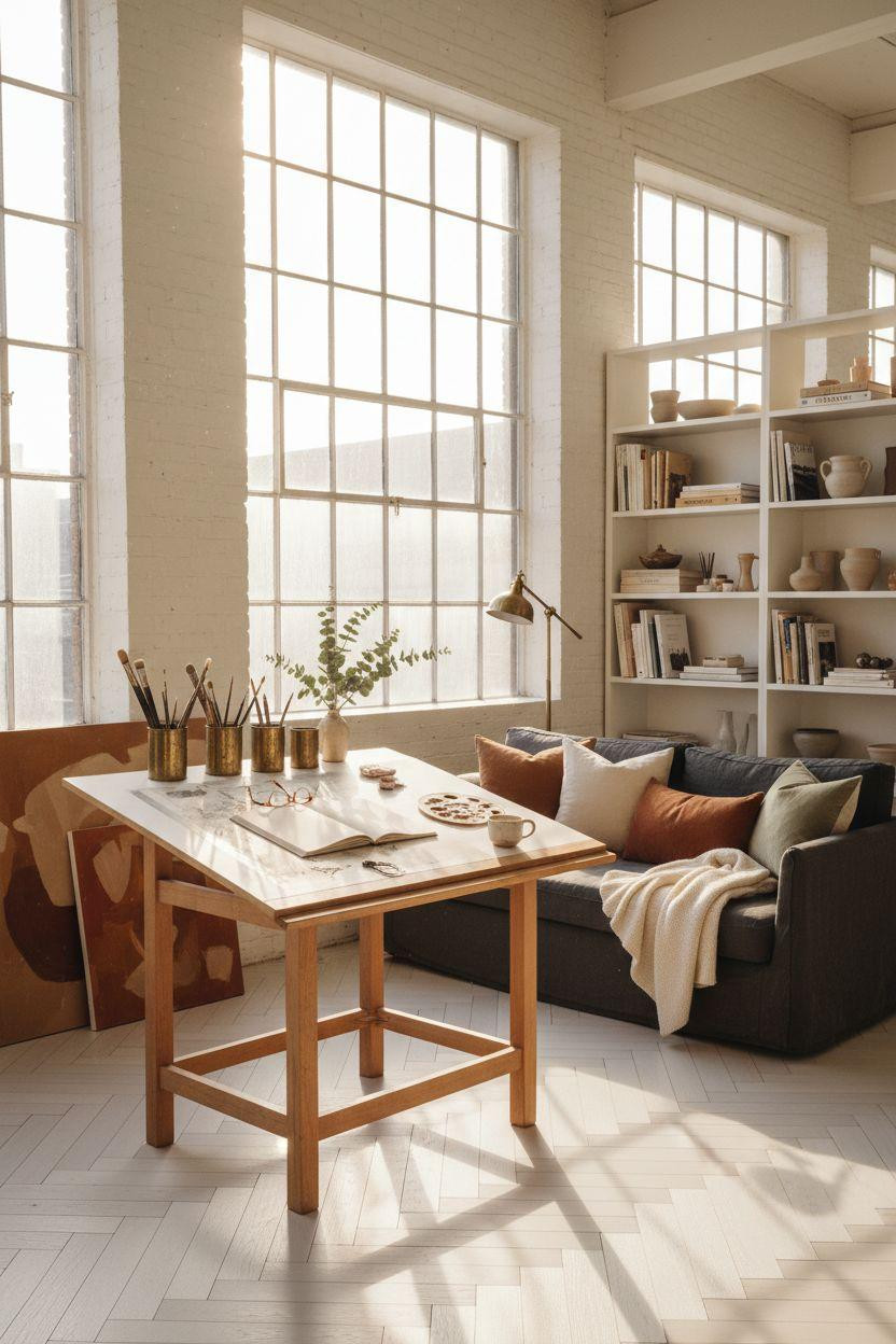 Bloxburg Office art studio with large drafting table and paint supplies