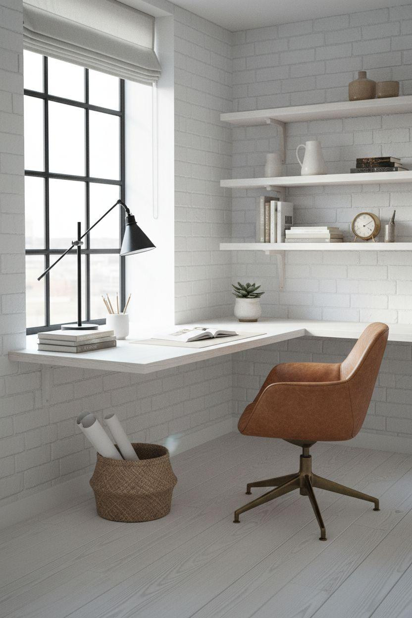 Bloxburg Office corner featuring white oak floating desk and exposed brick