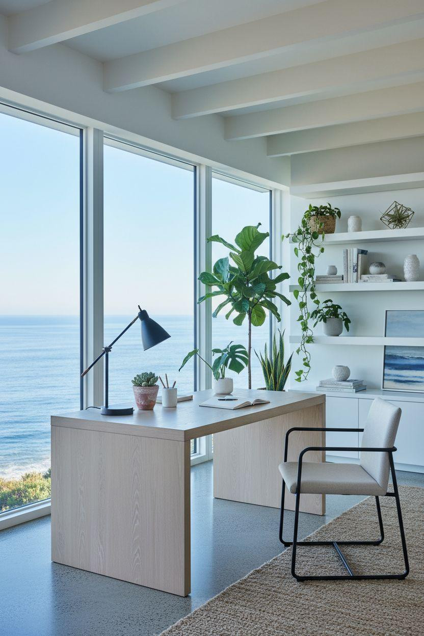 Bloxburg Office coastal minimalist desk with sculptural plants and pale driftwood finish
