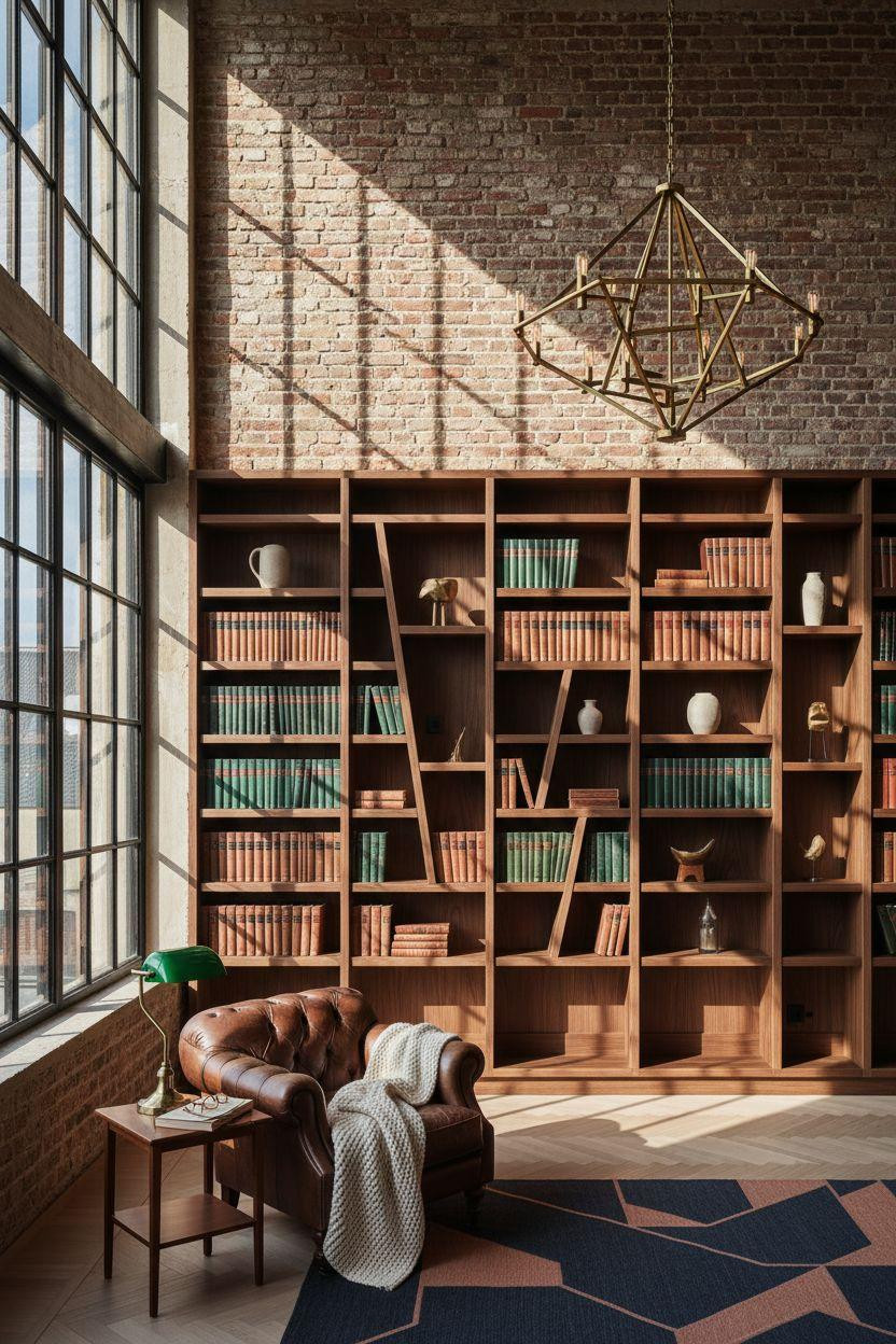 Bloxburg Office luxury library with geometric brass chandelier and walnut shelves