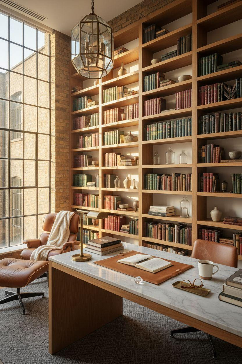 Bloxburg Office with soaring double-height library featuring custom built-in shelving