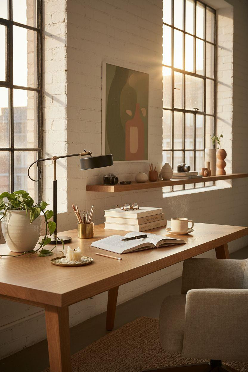 Bloxburg Office desk with white oak surface and trailing pothos plant