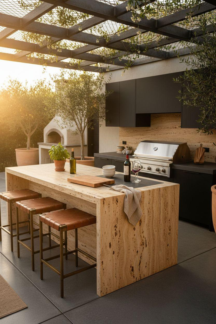 Bloxburg backyard ideas - luxury outdoor kitchen with travertine counters