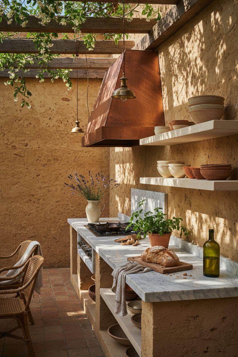 Bloxburg laundry room featuring Mediterranean Tuscan design with unlacquered copper accents