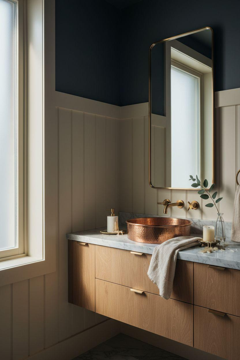 Wainscoting bathroom with dramatic dark walls and modern fixtures