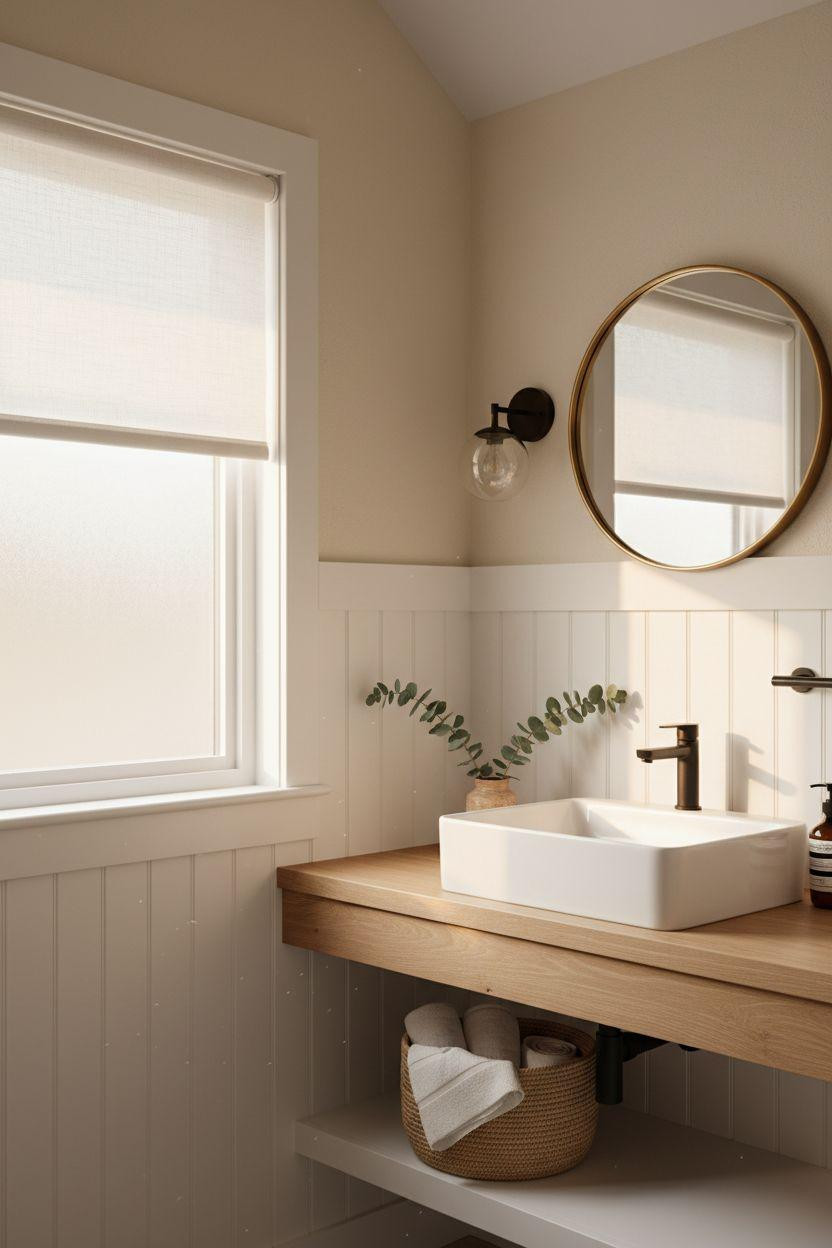 Wainscoting bathroom with contemporary coastal style and dark fixtures