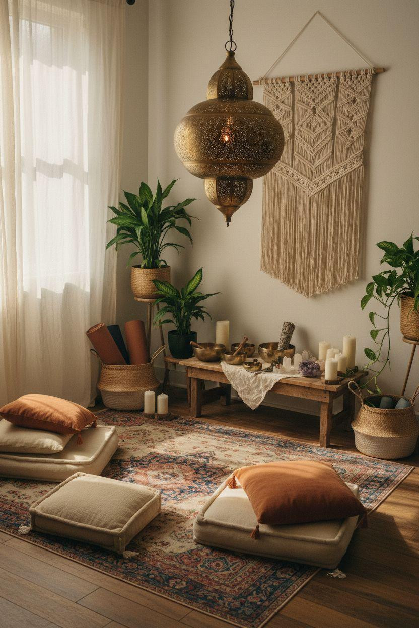 Healing room ideas featuring bohemian style with Moroccan lantern