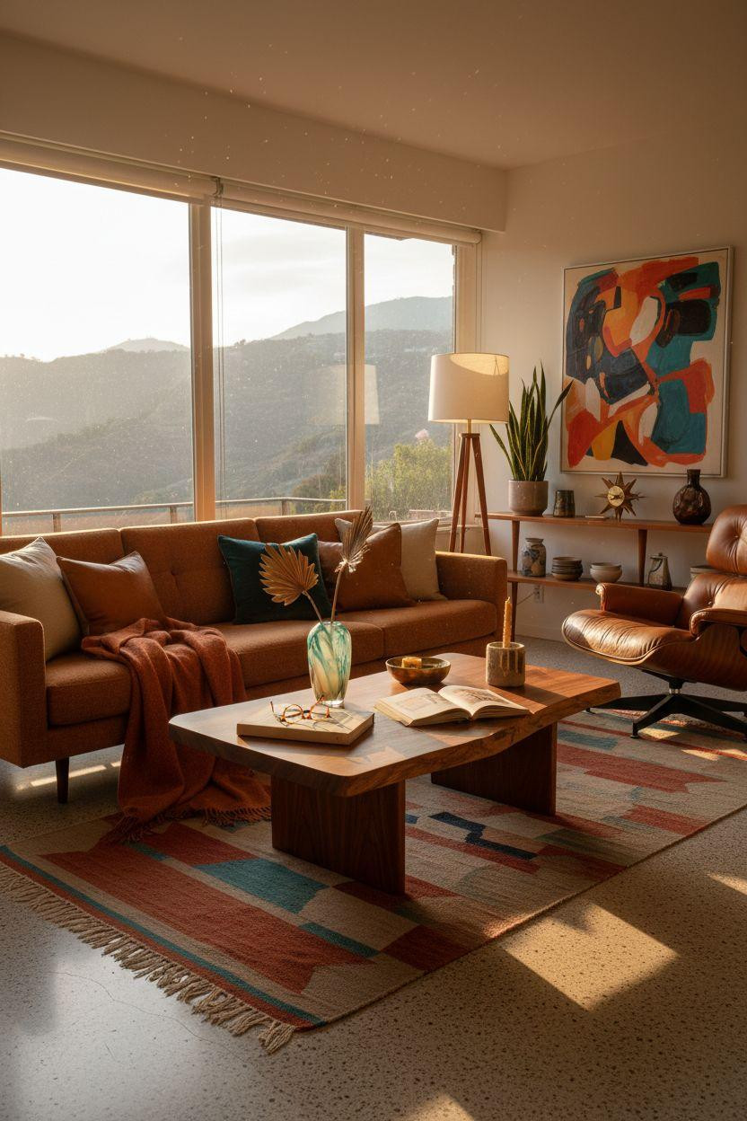 Mid century modern living room ideas showcasing colorful eclectic design approach