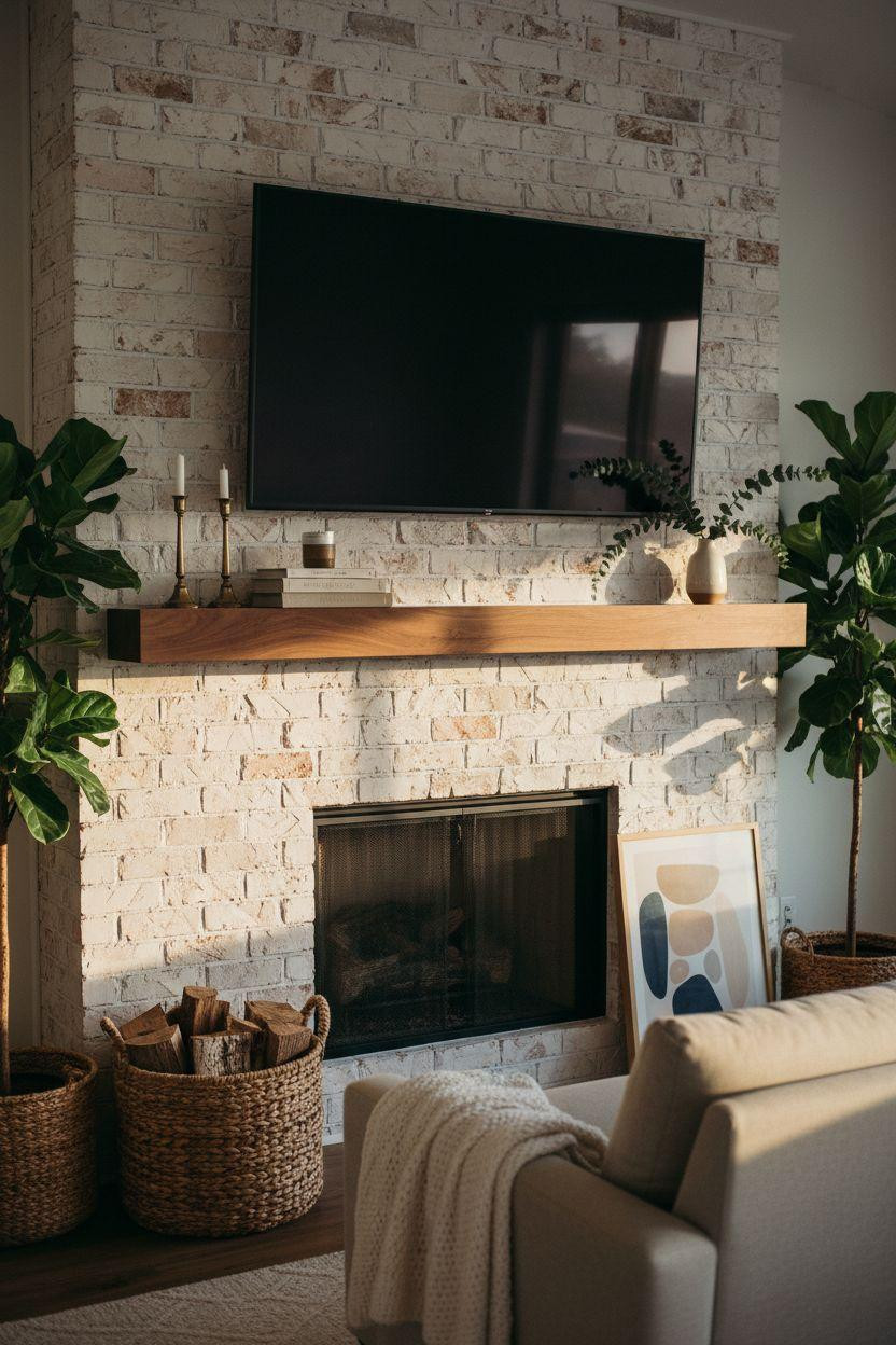 Brick Fireplace Makeover - whitewashed brick with vintage brass and TV