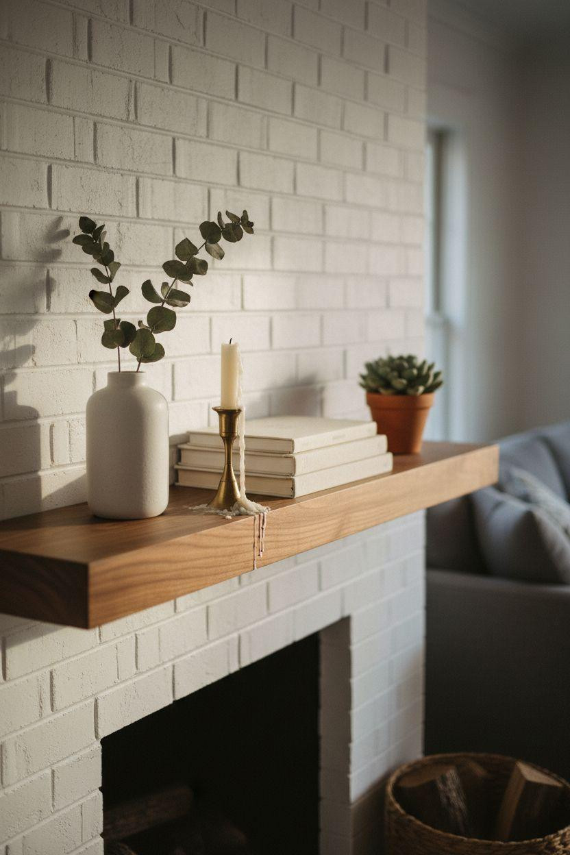 Brick Fireplace Makeover - minimal Scandinavian styling with walnut mantel