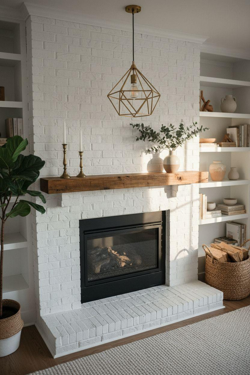 Brick Fireplace Makeover - brass pendant light over white brick fireplace