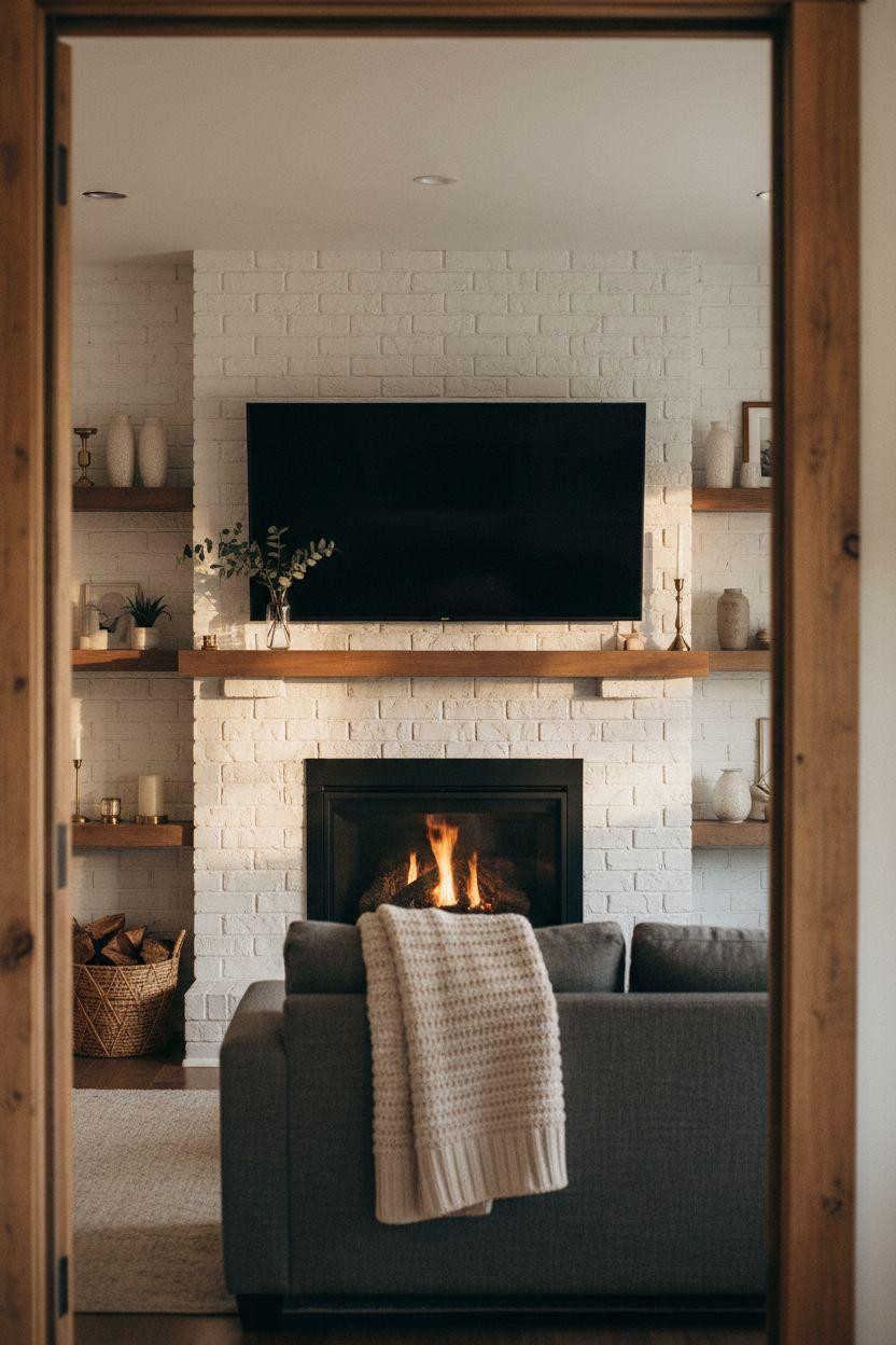 Brick Fireplace Makeover - white painted brick with TV and floating shelves