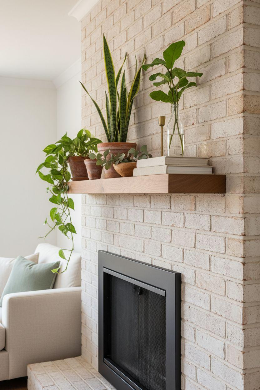 Brick Fireplace Makeover - white brick with potted plants and botanical styling