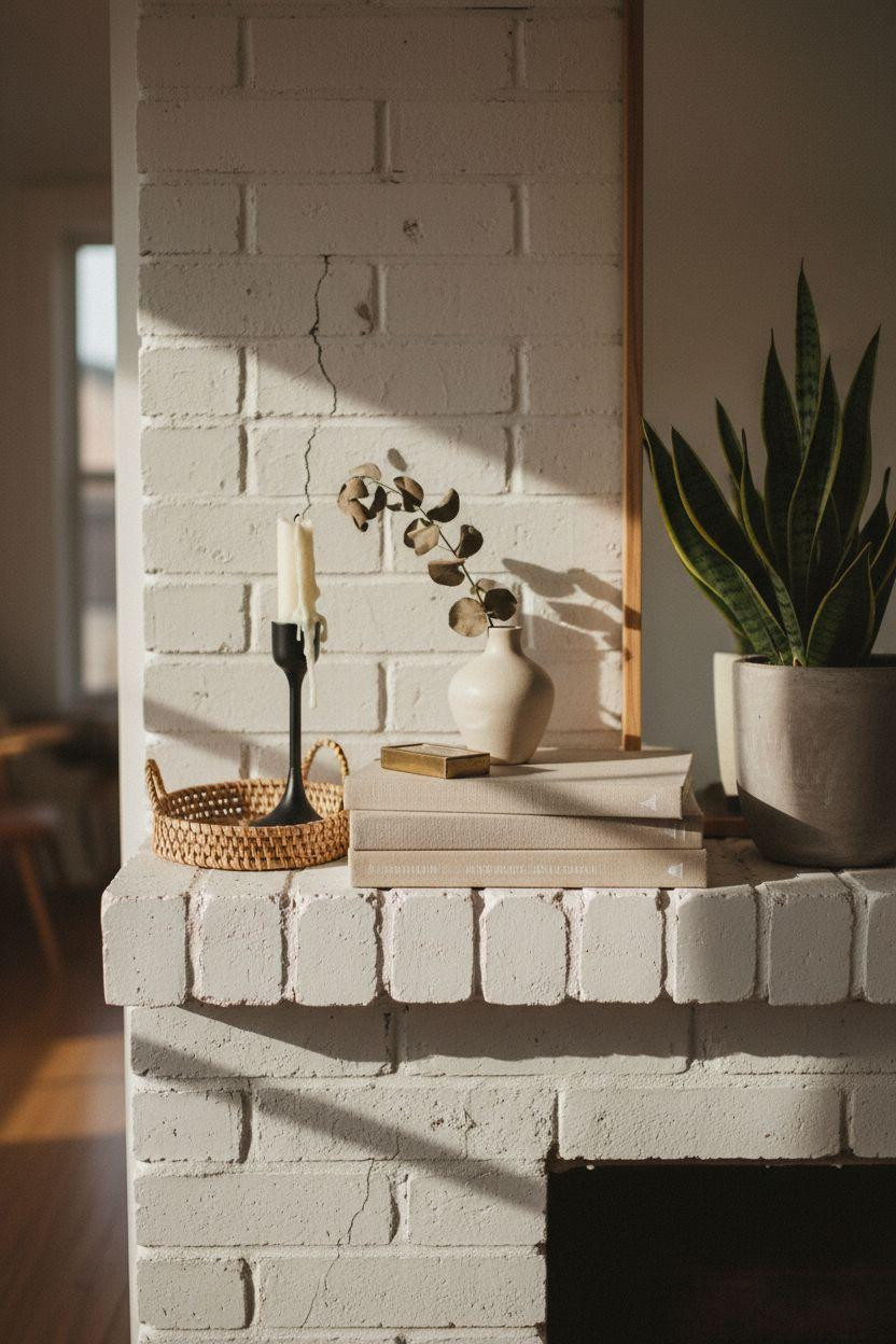 Brick Fireplace Makeover - minimalist styling with natural textures