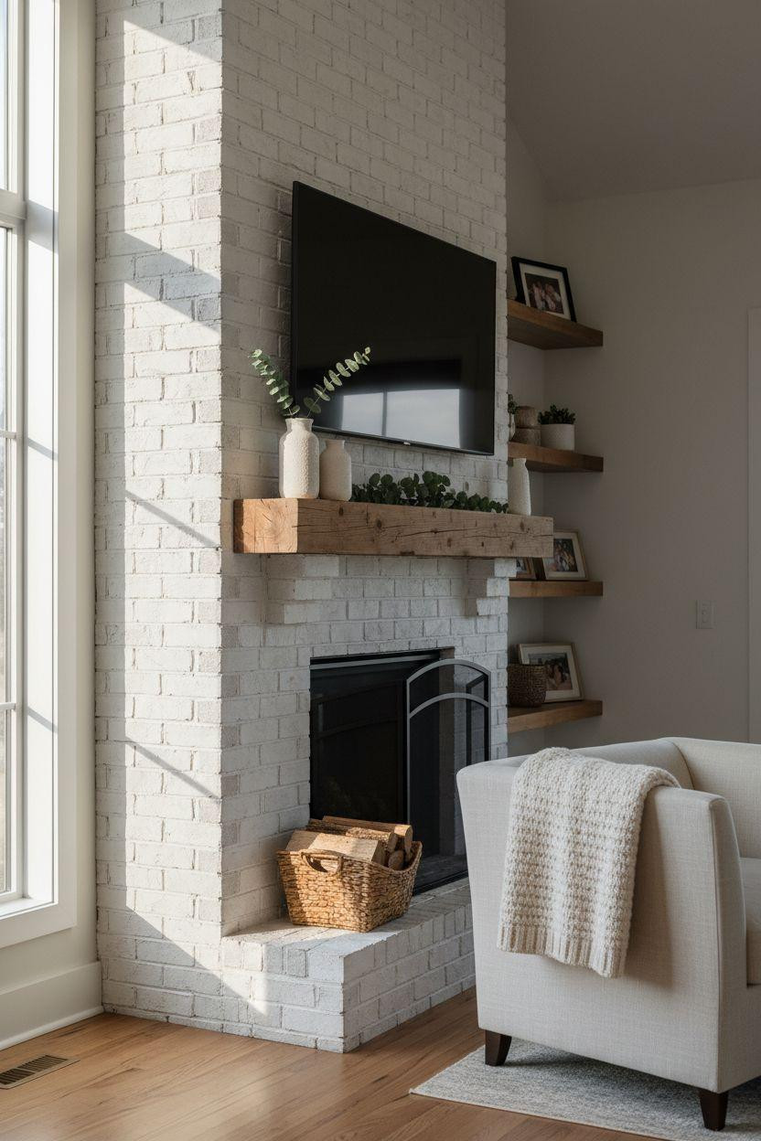 Brick Fireplace Makeover - side view with floating shelves and TV