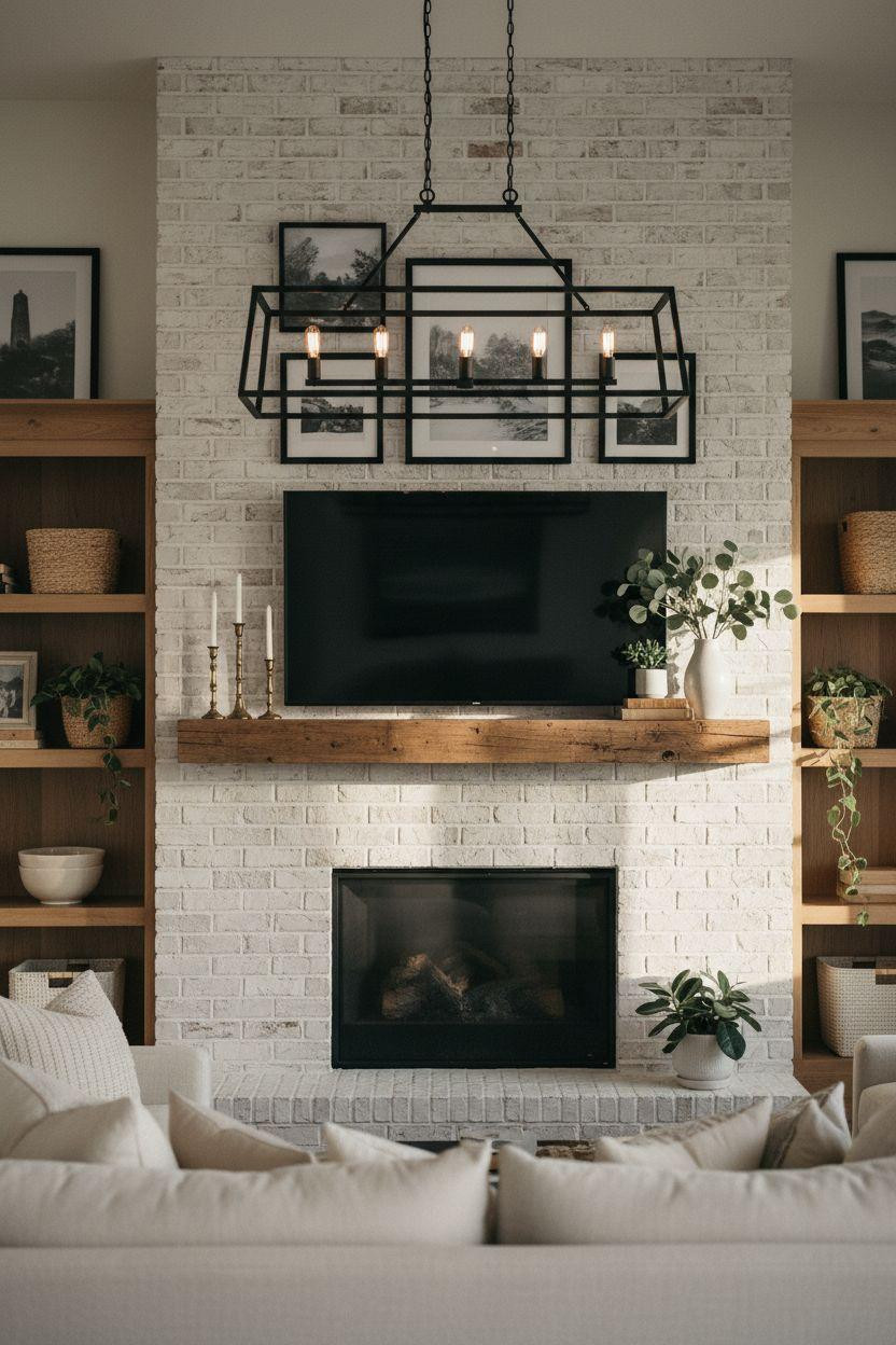 Brick Fireplace Makeover - white brick with black metal chandelier and TV