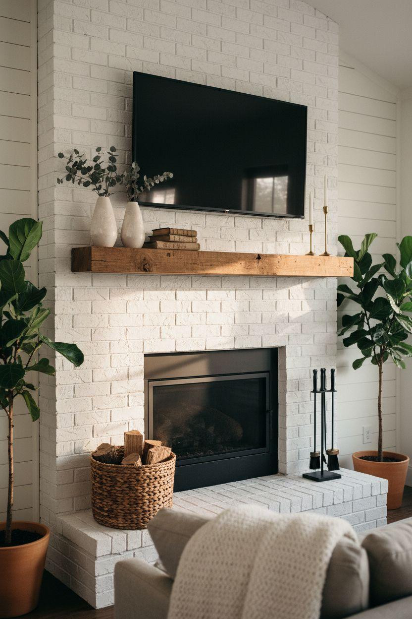 Brick Fireplace Makeover - farmhouse style with thick wood mantel