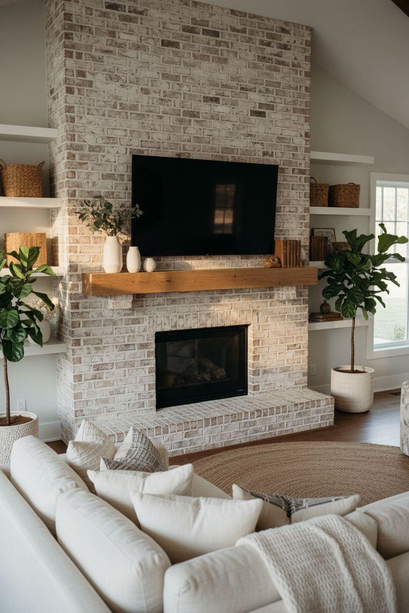 Brick Fireplace Makeover - whitewashed brick with TV and side shelving