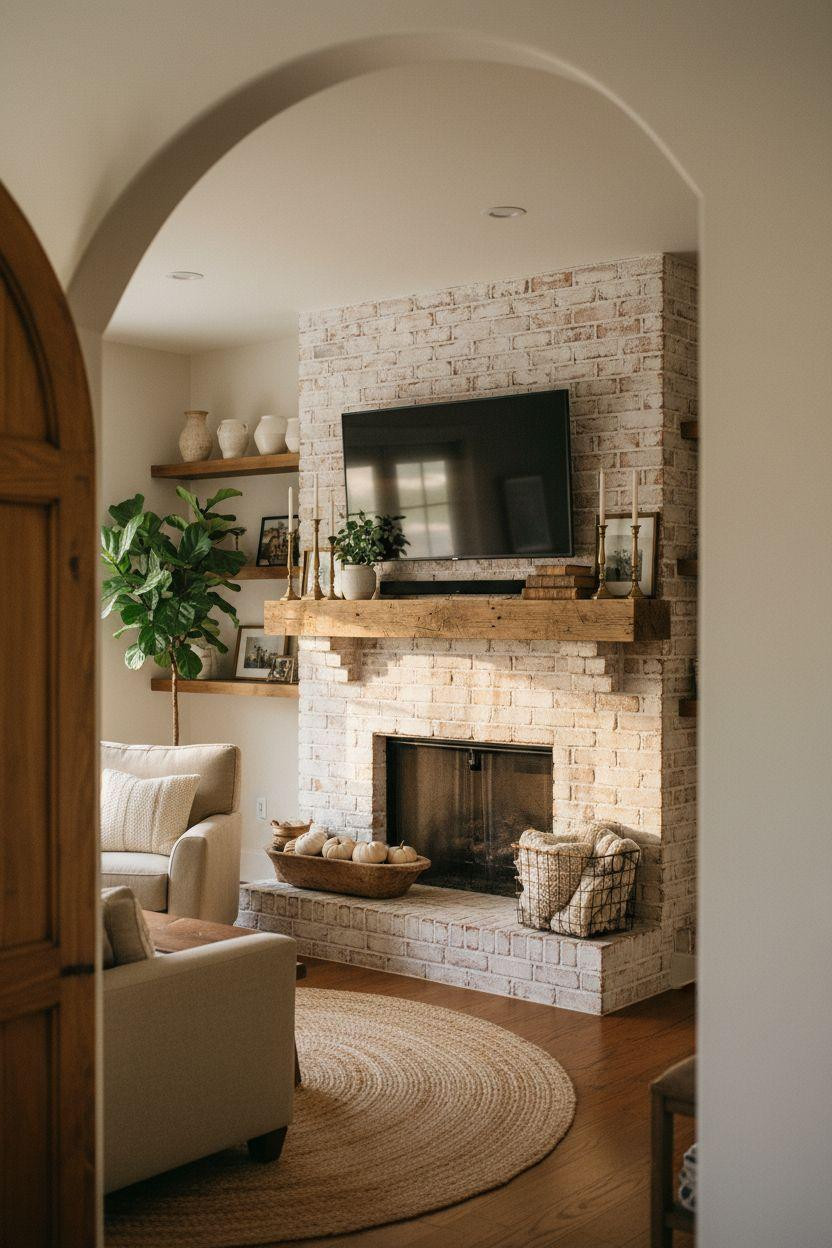 Brick Fireplace Makeover - vintage farmhouse with whitewashed brick and pumpkins