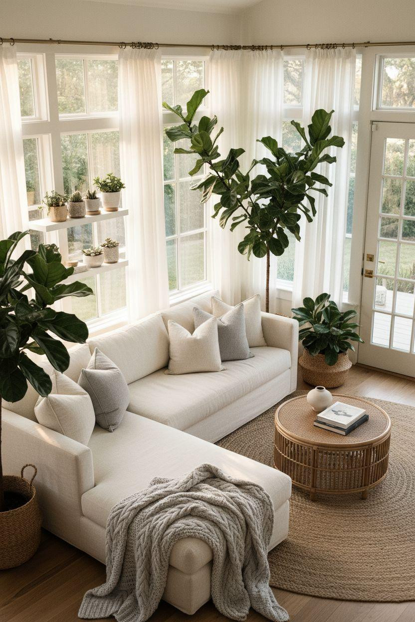 Sunroom ideas with cream sectional and floor-to-ceiling windows