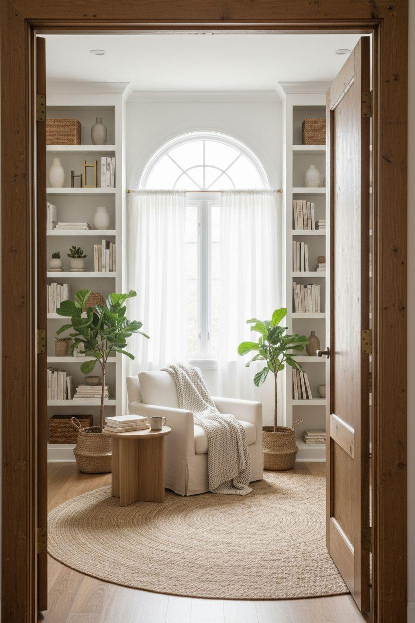 Bookshelf living room with white shelves around arched window