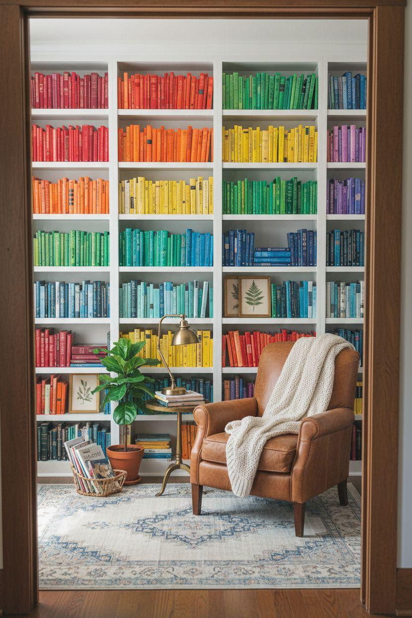 Home Library Rooms Ideas - airy library with white built-ins and colorful books