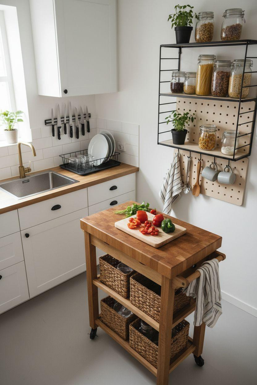tiny kitchen ideas on a budget featuring rolling storage cart