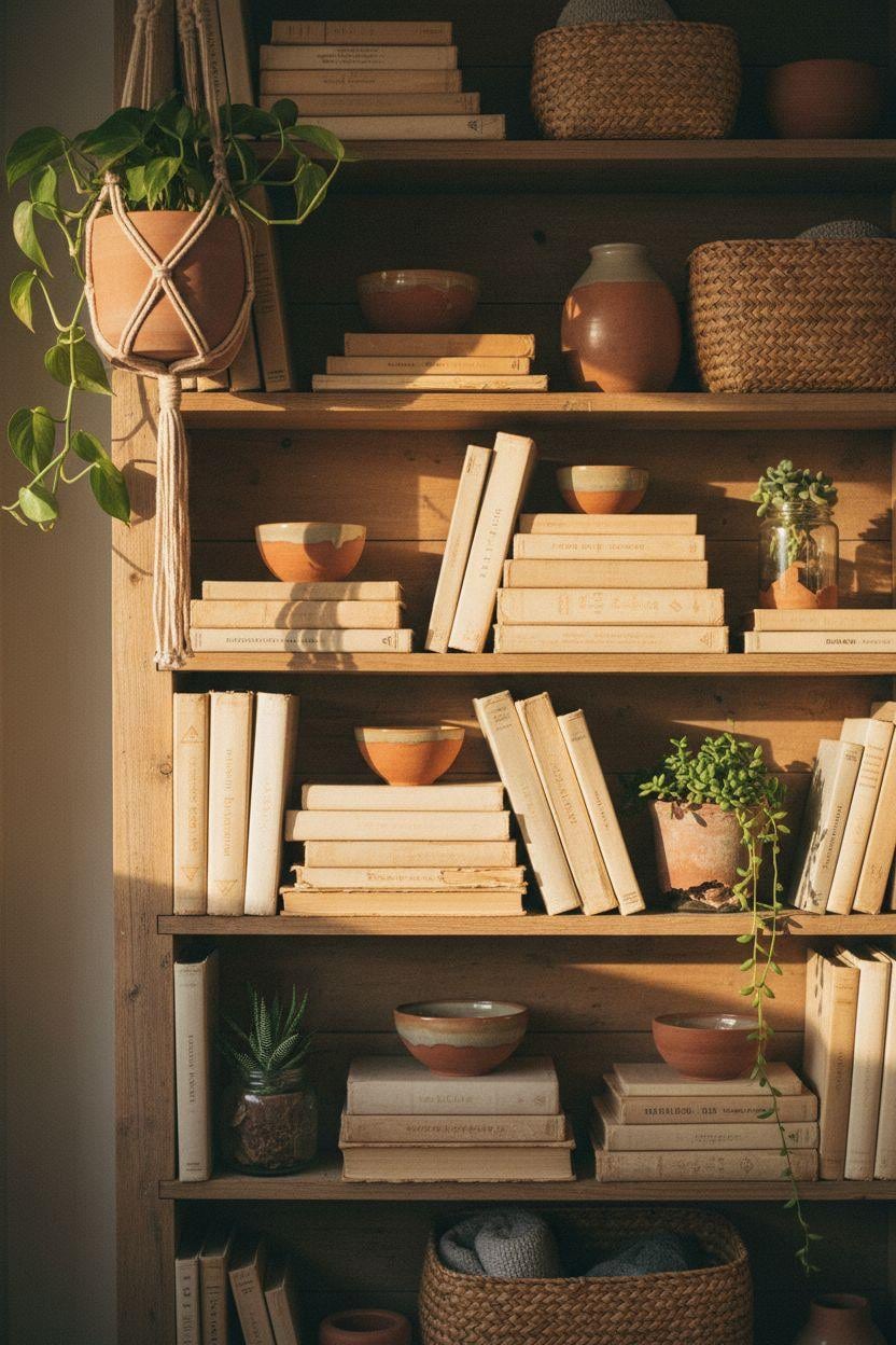 Shelf Decor Living Room - budget shelf styling with thrifted books and repurposed planters