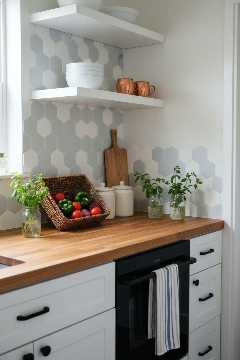 Tiny Kitchen Ideas - hexagon peel-and-stick tiles with white shaker cabinets