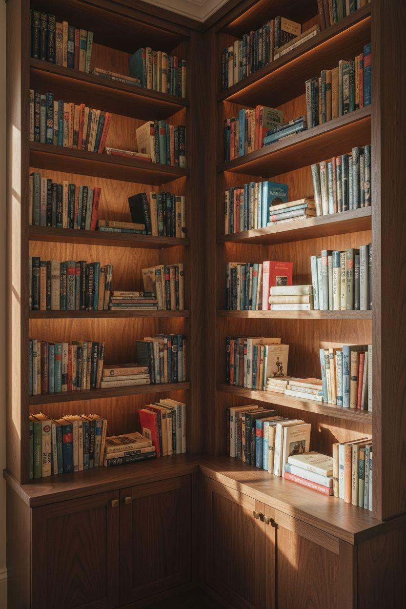 Corner bookshelf - built-in walnut bookcase with integrated lighting