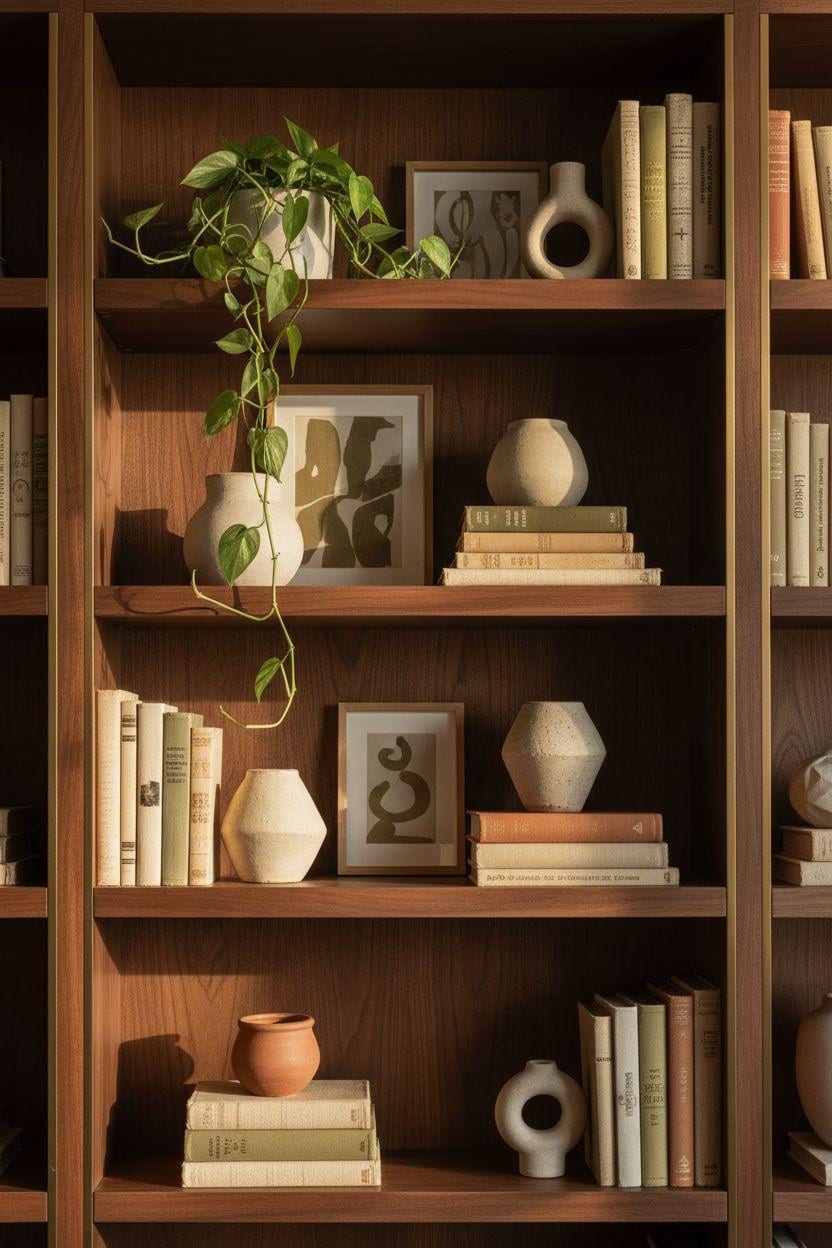 Shelf Decor Living Room - built-in walnut shelving with brass inlay and curated decor