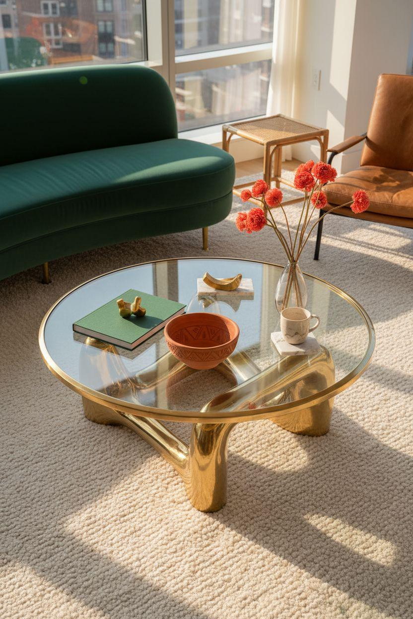 centre table living room modern luxury furniture - organic brass with glass top