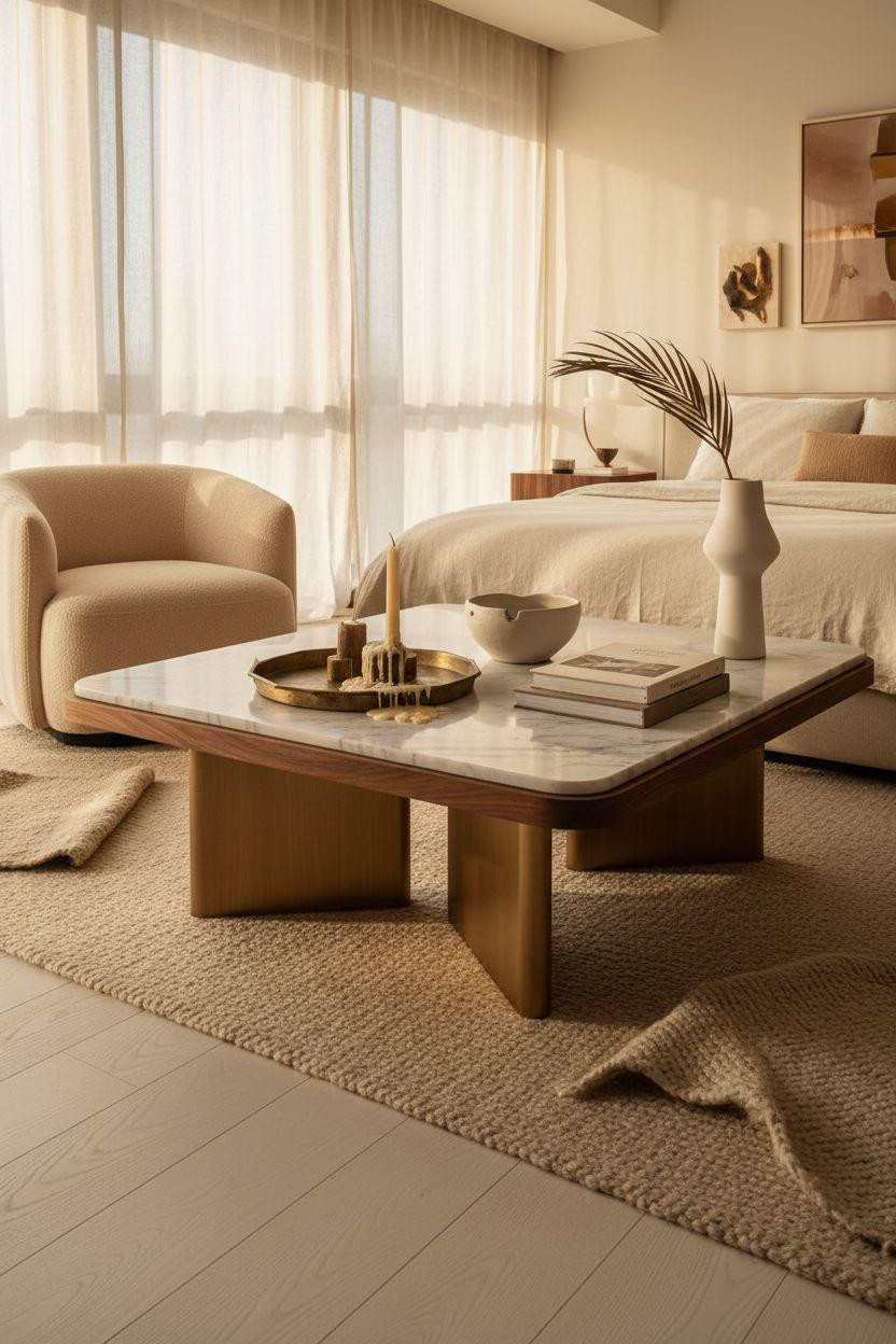 centre table living room modern luxury furniture - brass geometric with marble top