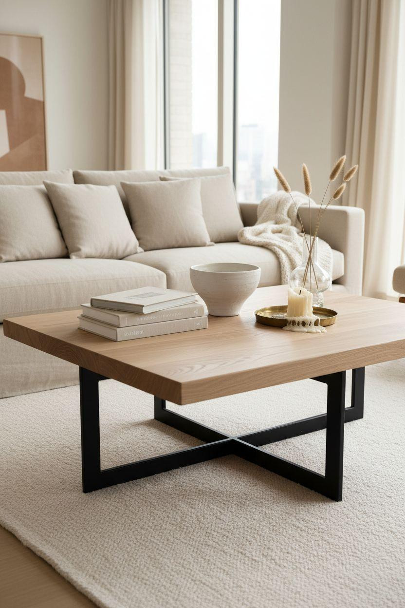 centre table living room modern luxury furniture - minimalist oak design with city backdrop