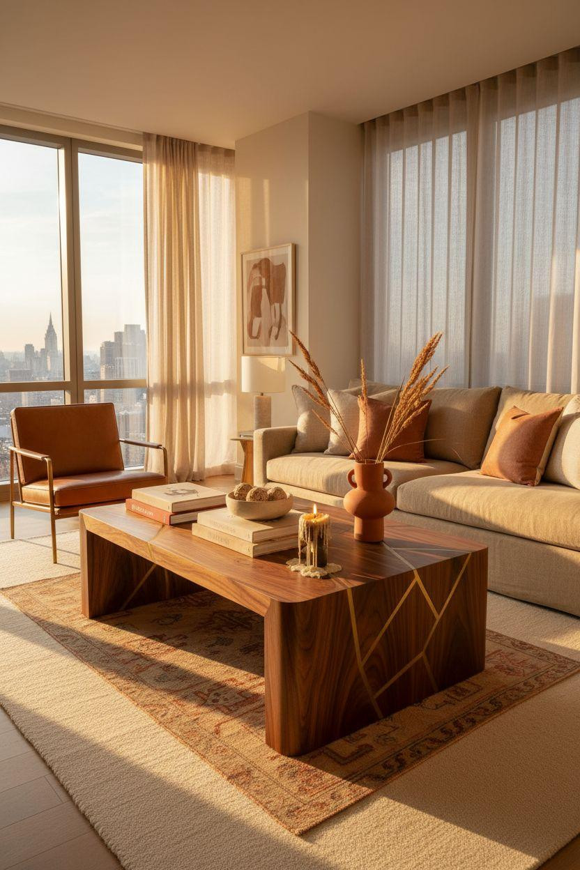 centre table living room modern luxury furniture - sculptural walnut with brass inlay